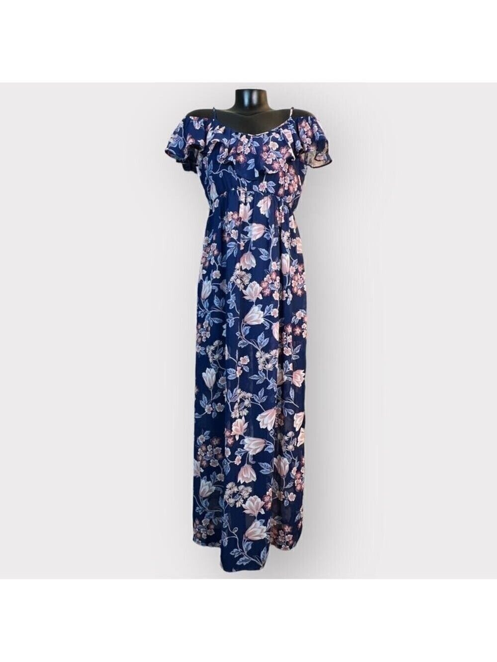 Miami NWOT Floral Cold Shoulder Maxi Dress Womens M Semi Sheer Boho Semi Formal